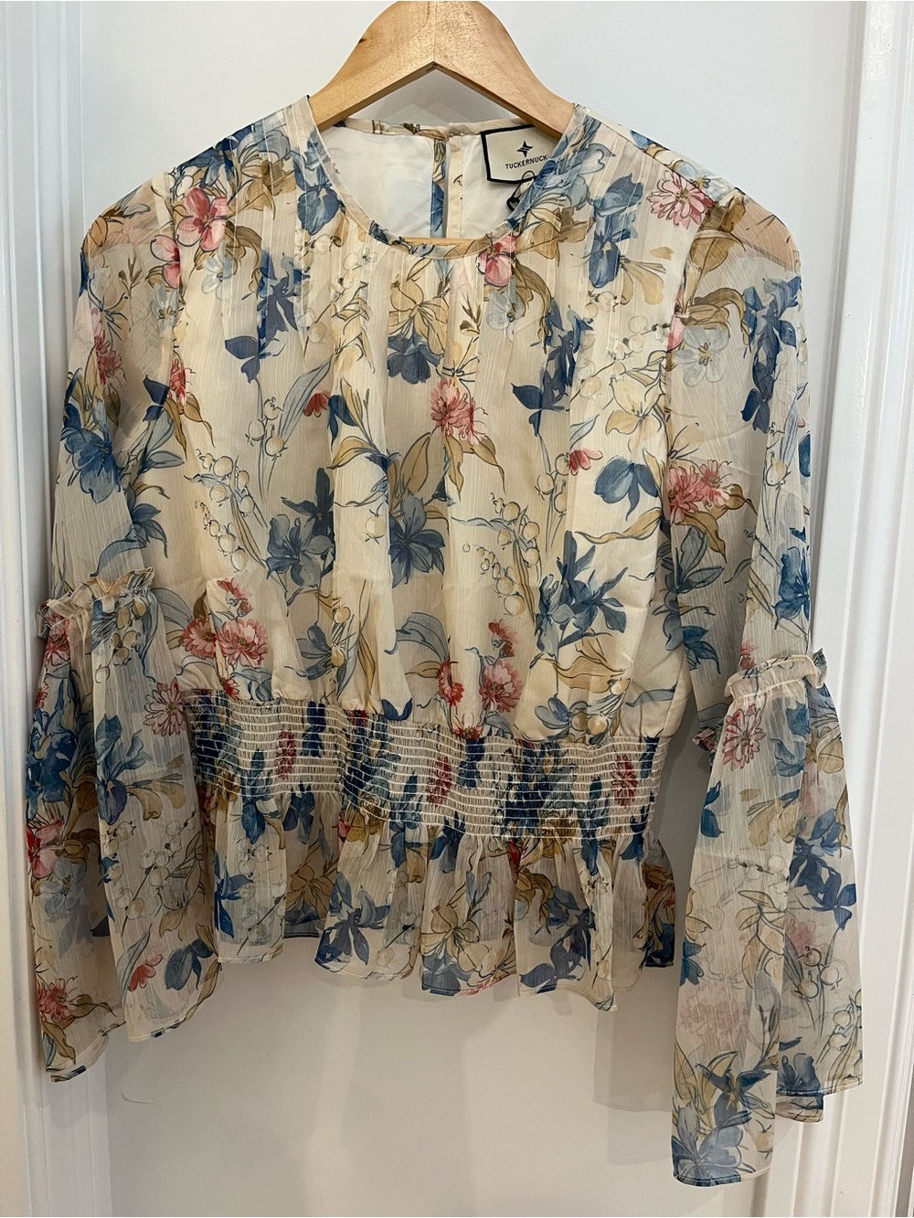 Tuckernuck Floral Sheer Smocked-Waist Blouse in Cream, Blue, Pink